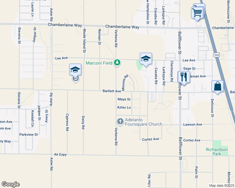 map of restaurants, bars, coffee shops, grocery stores, and more near 10901 Verbena Road in Adelanto
