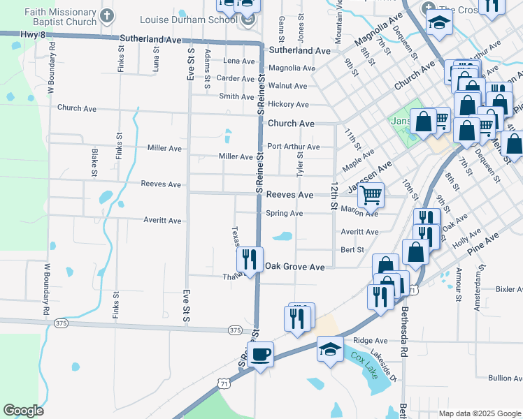 map of restaurants, bars, coffee shops, grocery stores, and more near 905 South Reine Street in Mena