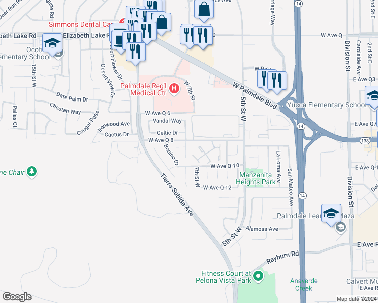 map of restaurants, bars, coffee shops, grocery stores, and more near 38338 Wakefield Place in Palmdale