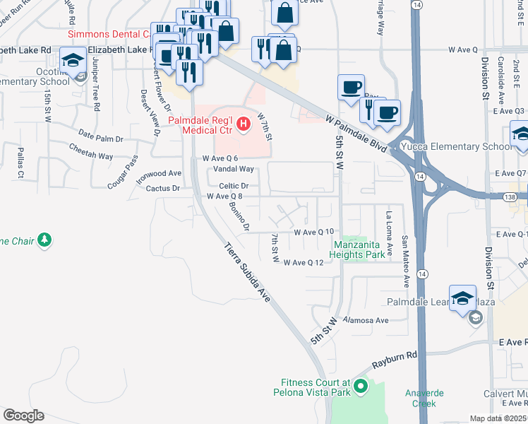 map of restaurants, bars, coffee shops, grocery stores, and more near 38338 Wakefield Place in Palmdale