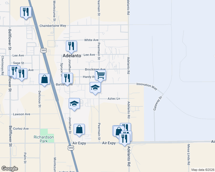 map of restaurants, bars, coffee shops, grocery stores, and more near 11957 Bartlett Avenue in Adelanto