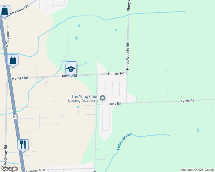 map of restaurants, bars, coffee shops, grocery stores, and more near 104 Coach Glen Drive in Owens Cross Roads