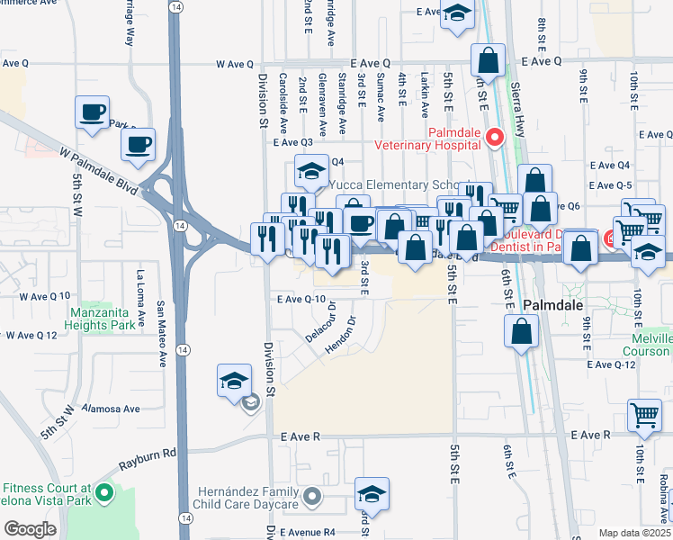 map of restaurants, bars, coffee shops, grocery stores, and more near 232 East Palmdale Boulevard in Palmdale