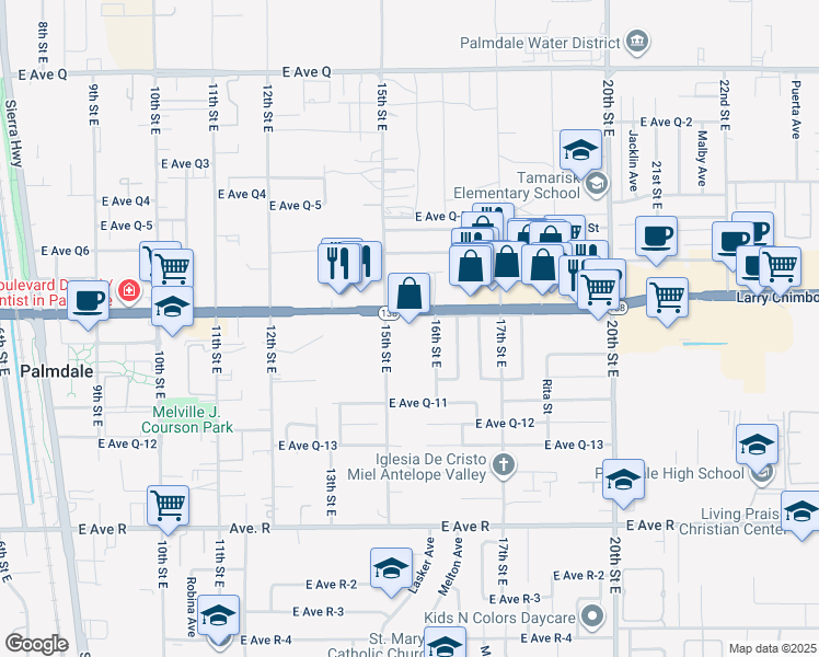 map of restaurants, bars, coffee shops, grocery stores, and more near in Palmdale