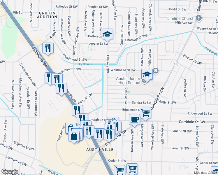 map of restaurants, bars, coffee shops, grocery stores, and more near 1613 19th Avenue Southwest in Decatur