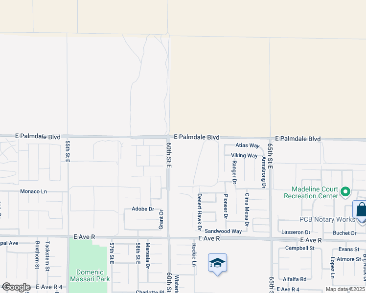 map of restaurants, bars, coffee shops, grocery stores, and more near 5917 Atlas Way in Palmdale