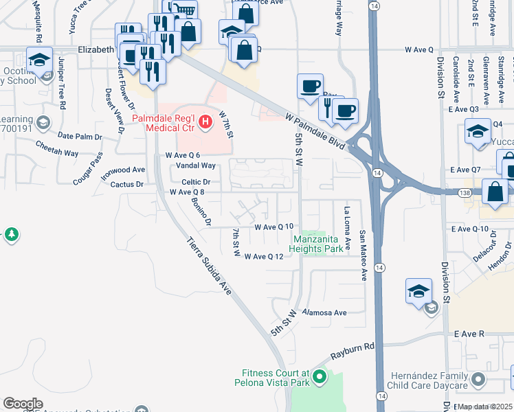 map of restaurants, bars, coffee shops, grocery stores, and more near 587 Knollview Court in Palmdale