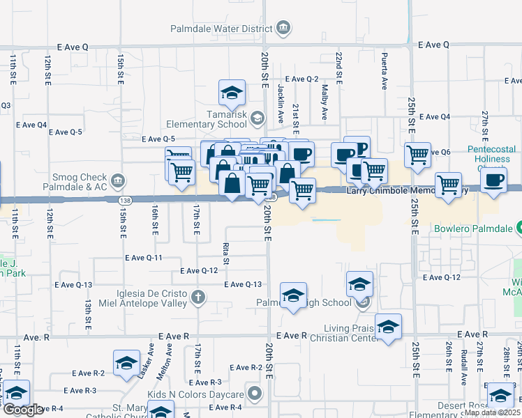 map of restaurants, bars, coffee shops, grocery stores, and more near 1850 East Palmdale Boulevard in Palmdale