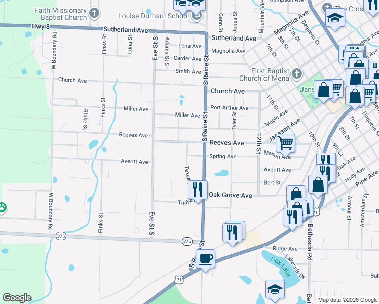map of restaurants, bars, coffee shops, grocery stores, and more near 905 Texas Street in Mena