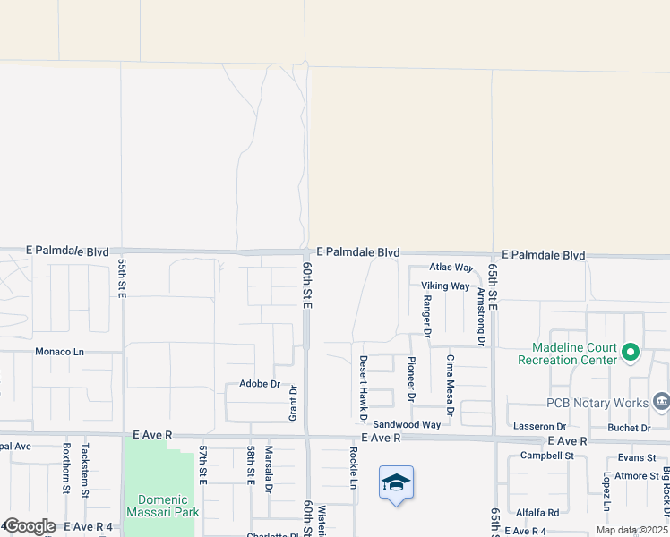 map of restaurants, bars, coffee shops, grocery stores, and more near 5917 Atlas Way in Palmdale