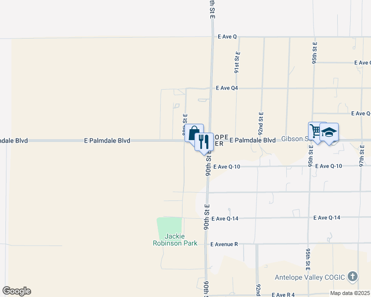 map of restaurants, bars, coffee shops, grocery stores, and more near 90th Street East in Los Angeles County