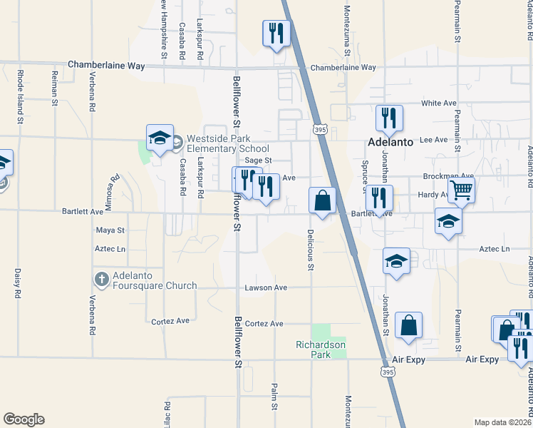 map of restaurants, bars, coffee shops, grocery stores, and more near 11374 Bartlett Avenue in Adelanto