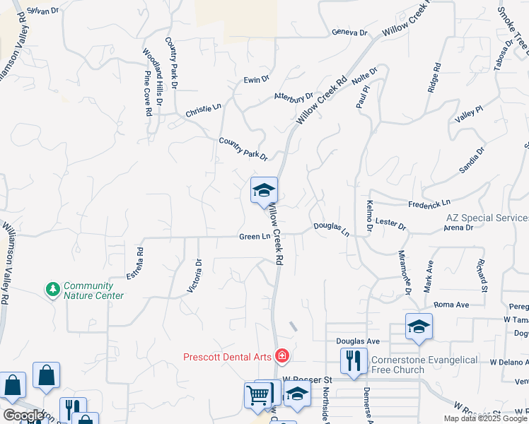 map of restaurants, bars, coffee shops, grocery stores, and more near 2100 Willow Creek Road in Prescott