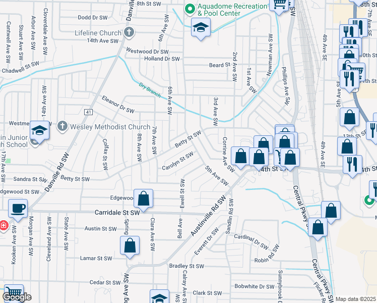 map of restaurants, bars, coffee shops, grocery stores, and more near 502 Carolyn Street Southwest in Decatur