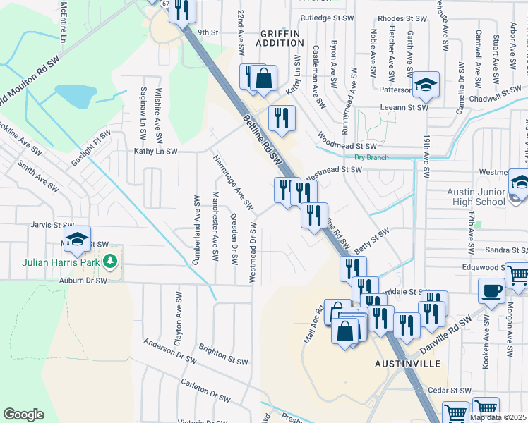map of restaurants, bars, coffee shops, grocery stores, and more near 2122 Westmead Drive Southwest in Decatur