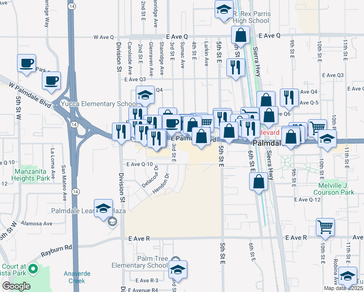 map of restaurants, bars, coffee shops, grocery stores, and more near in Palmdale