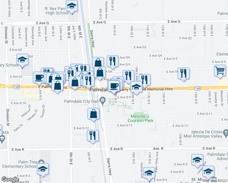 map of restaurants, bars, coffee shops, grocery stores, and more near 838 East Palmdale Boulevard in Palmdale
