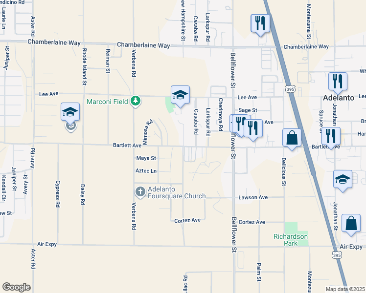 map of restaurants, bars, coffee shops, grocery stores, and more near Bartlett Avenue in Adelanto