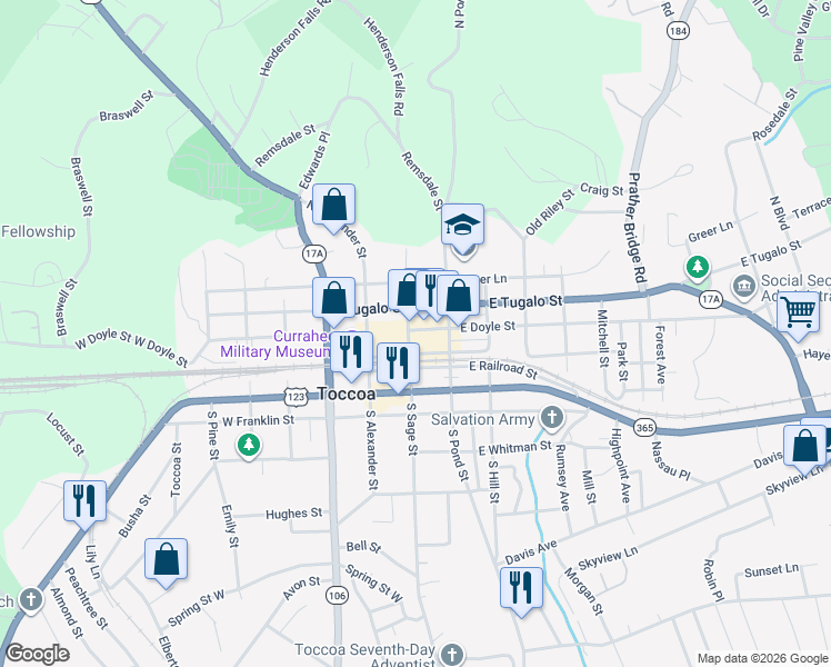 map of restaurants, bars, coffee shops, grocery stores, and more near 23 East Doyle Street in Toccoa