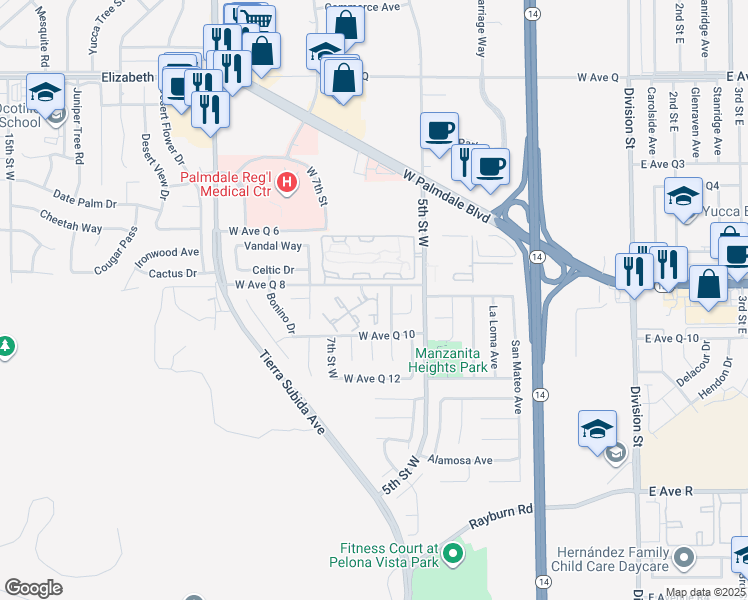 map of restaurants, bars, coffee shops, grocery stores, and more near 38347 Campos Drive in Palmdale