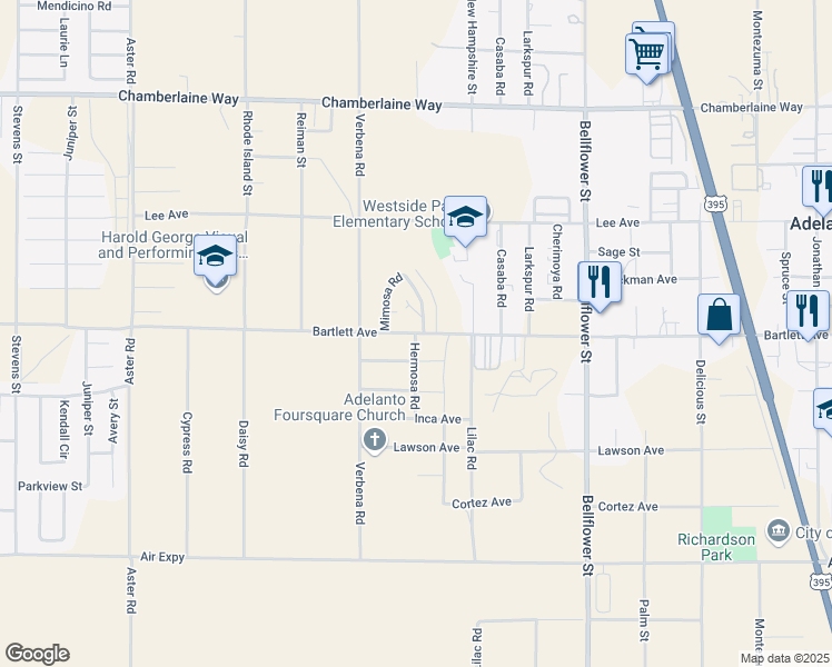 map of restaurants, bars, coffee shops, grocery stores, and more near Bartlett Avenue & Hermosa Road in Adelanto
