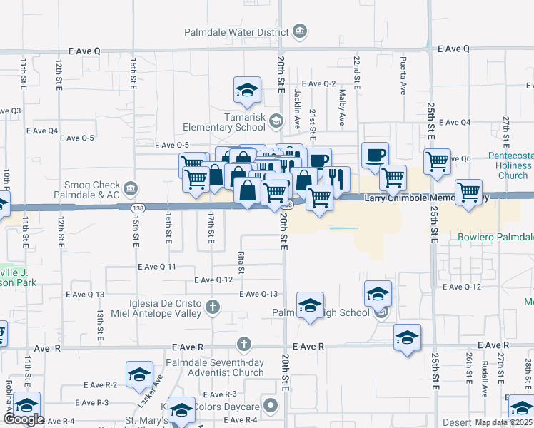 map of restaurants, bars, coffee shops, grocery stores, and more near 1850 East Palmdale Boulevard in Palmdale