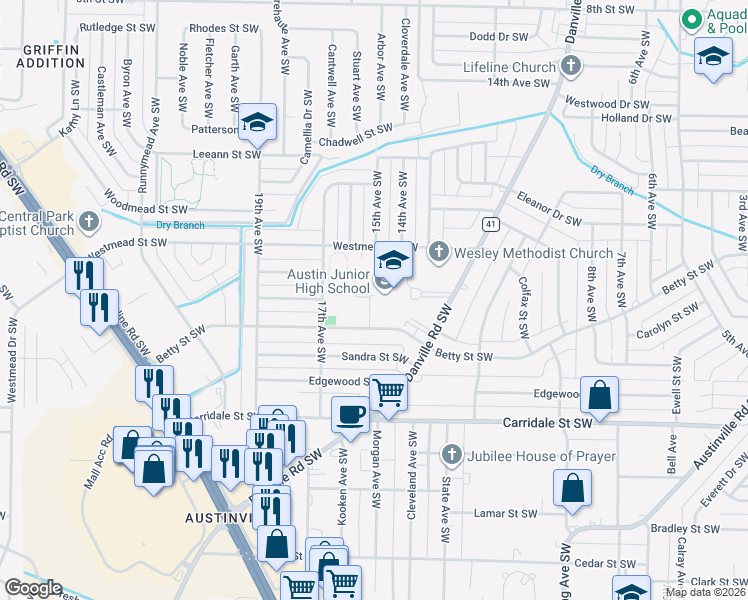 map of restaurants, bars, coffee shops, grocery stores, and more near 1625 Danville Road Southwest in Decatur