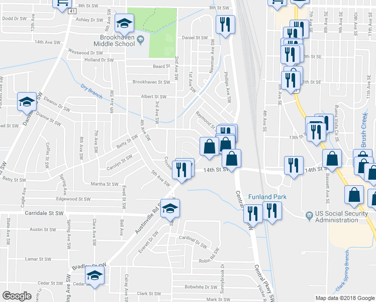 map of restaurants, bars, coffee shops, grocery stores, and more near 401 Brookridge Road Southwest in Decatur