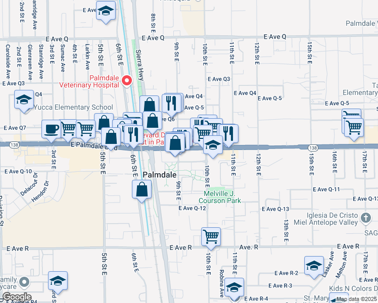 map of restaurants, bars, coffee shops, grocery stores, and more near 922 East Palmdale Boulevard in Palmdale
