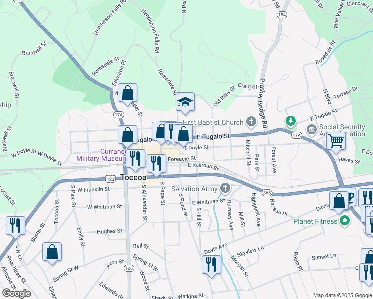 map of restaurants, bars, coffee shops, grocery stores, and more near 437 East Doyle Street in Toccoa
