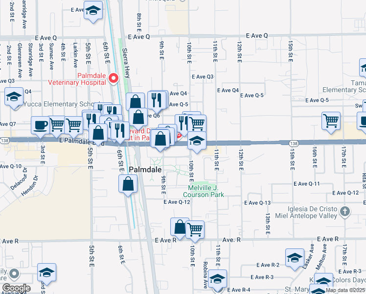 map of restaurants, bars, coffee shops, grocery stores, and more near 937 East Palmdale Boulevard in Palmdale