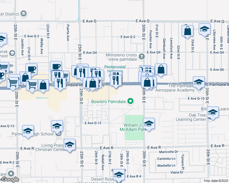 map of restaurants, bars, coffee shops, grocery stores, and more near 2720 East Palmdale Boulevard in Palmdale