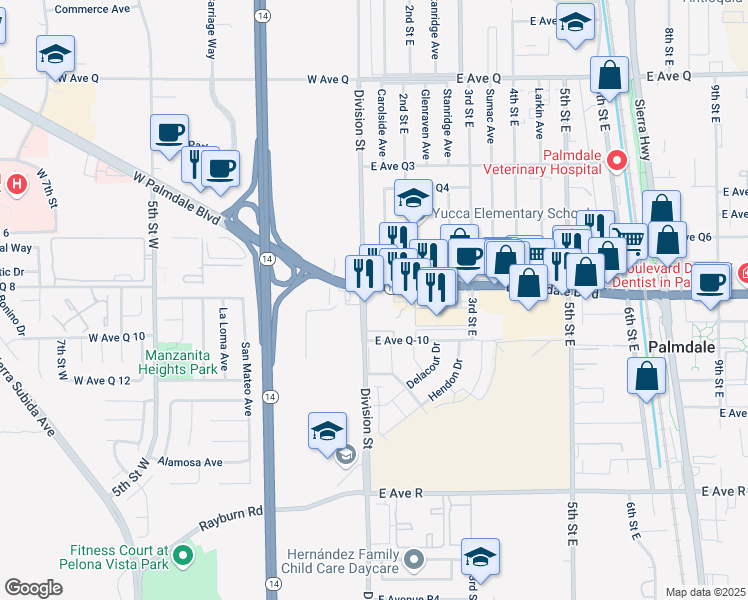 map of restaurants, bars, coffee shops, grocery stores, and more near 110 East Palmdale Boulevard in Palmdale