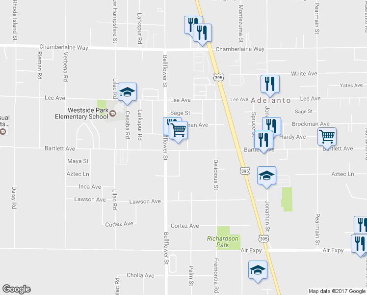 map of restaurants, bars, coffee shops, grocery stores, and more near 11374 Bartlett Avenue in Adelanto