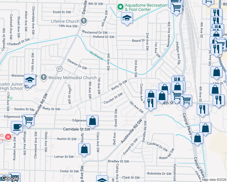 map of restaurants, bars, coffee shops, grocery stores, and more near 507 Betty Street Southwest in Decatur