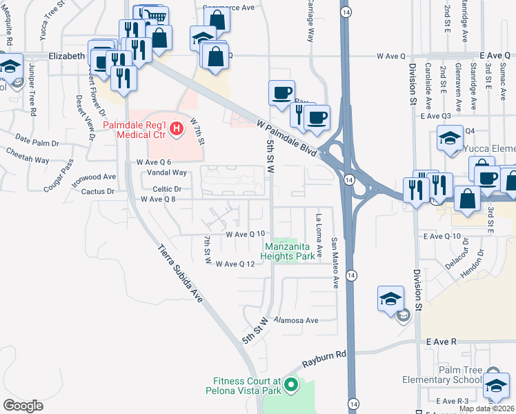 map of restaurants, bars, coffee shops, grocery stores, and more near 38347 Campos Drive in Palmdale