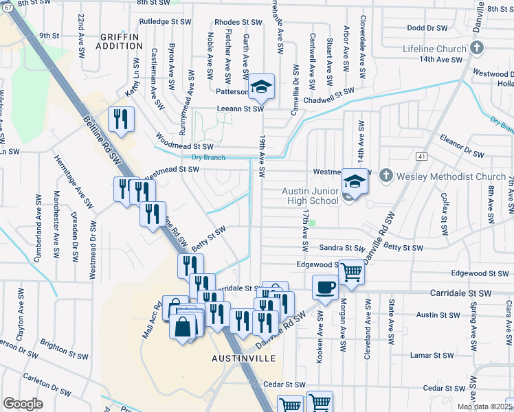 map of restaurants, bars, coffee shops, grocery stores, and more near 1613 19th Avenue Southwest in Decatur