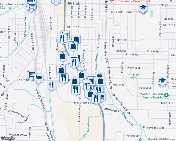map of restaurants, bars, coffee shops, grocery stores, and more near 1712 Buena Vista Circle Southeast in Decatur