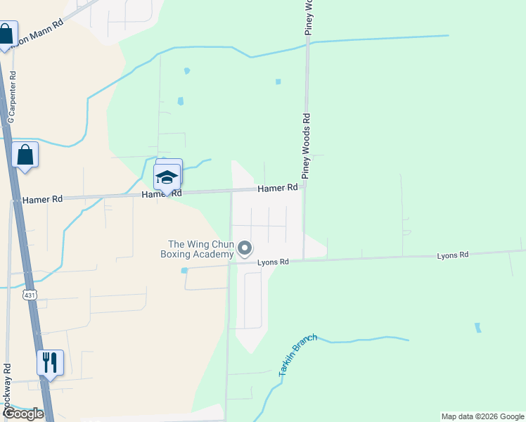 map of restaurants, bars, coffee shops, grocery stores, and more near 104 Coach Glen Drive in Owens Cross Roads