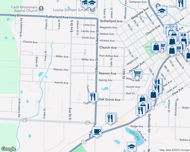 map of restaurants, bars, coffee shops, grocery stores, and more near 905 South Reine Street in Mena