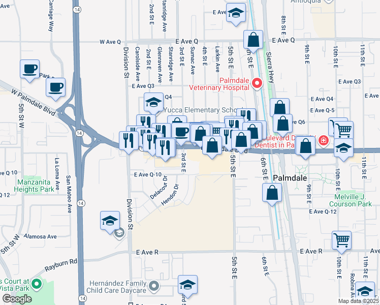 map of restaurants, bars, coffee shops, grocery stores, and more near in Palmdale