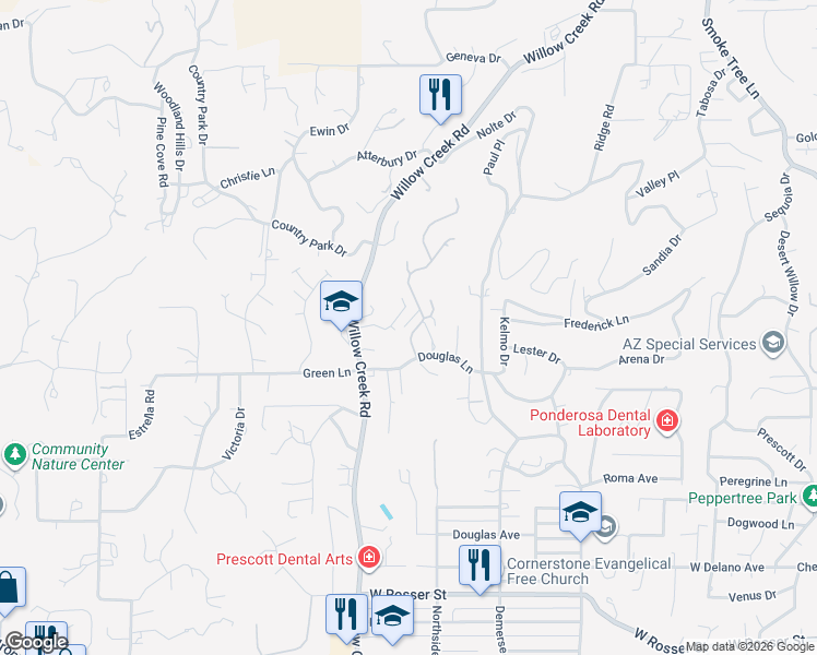 map of restaurants, bars, coffee shops, grocery stores, and more near 2140 Mission Way in Prescott