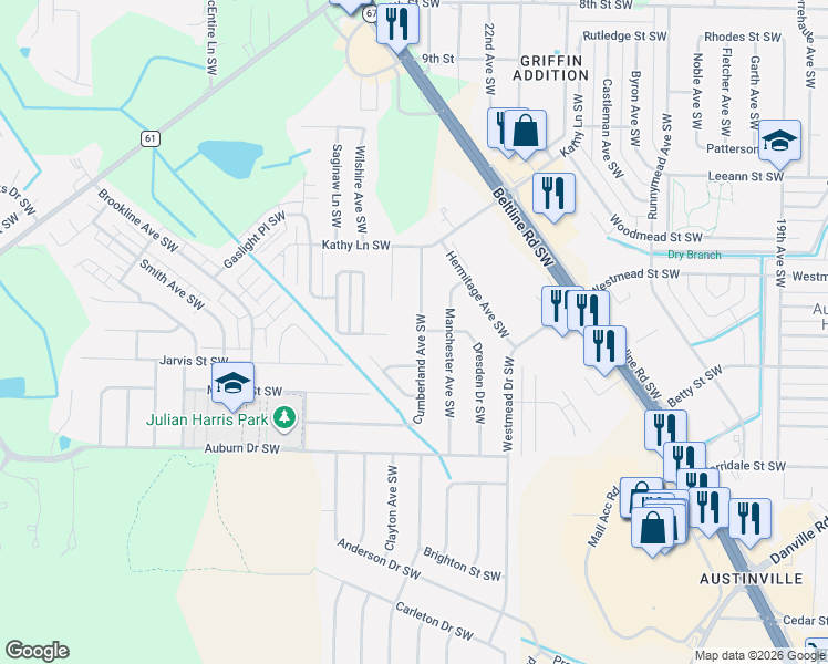 map of restaurants, bars, coffee shops, grocery stores, and more near 1901 Cumberland Avenue Southwest in Decatur