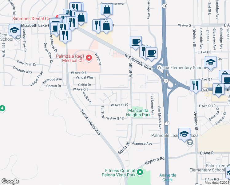 map of restaurants, bars, coffee shops, grocery stores, and more near 38347 Campos Drive in Palmdale