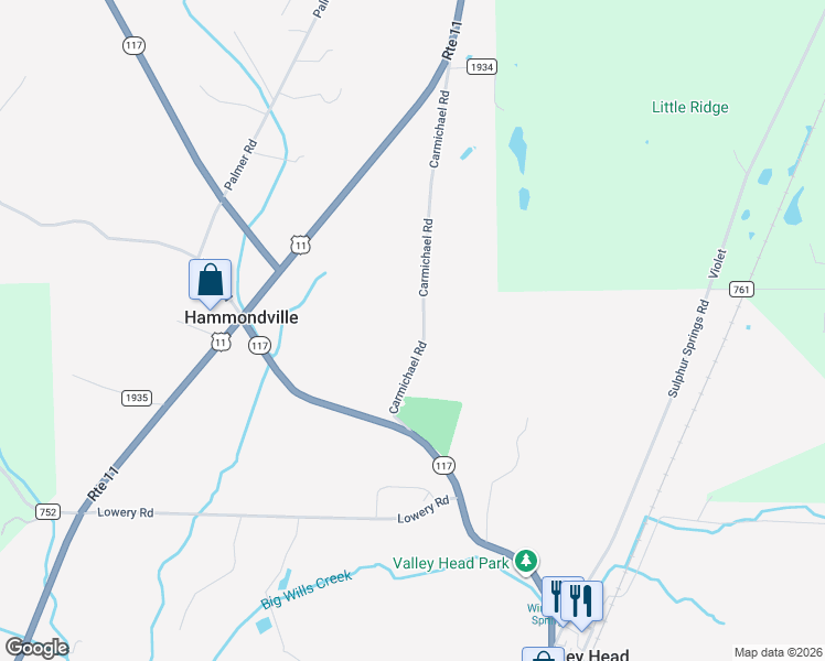 map of restaurants, bars, coffee shops, grocery stores, and more near 591 Carmichael Road in Hammondville