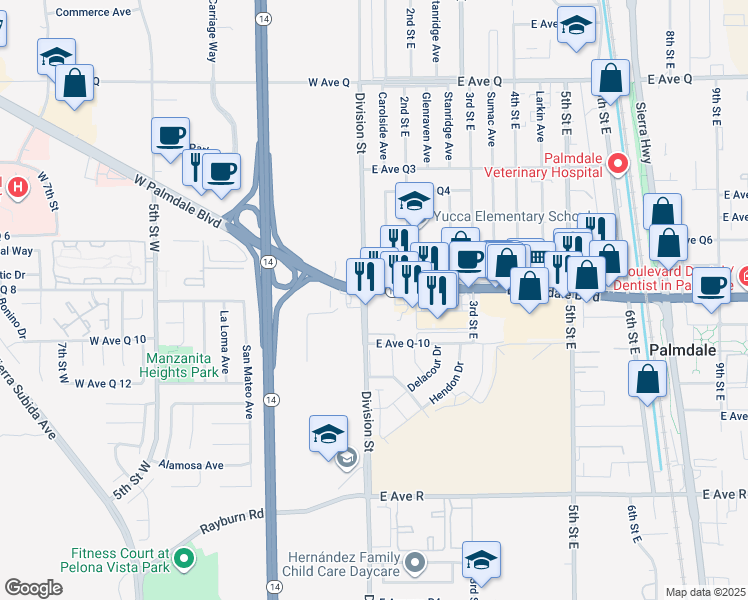map of restaurants, bars, coffee shops, grocery stores, and more near 2 East Palmdale Boulevard in Palmdale