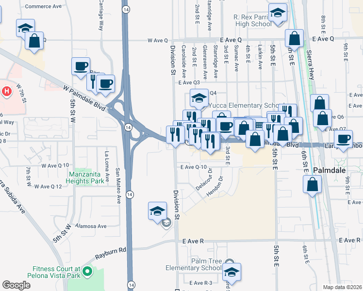 map of restaurants, bars, coffee shops, grocery stores, and more near 100 East Palmdale Boulevard in Palmdale