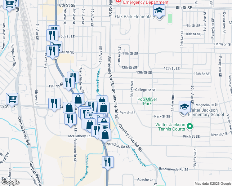 map of restaurants, bars, coffee shops, grocery stores, and more near 1702 Somerville Road Southeast in Decatur