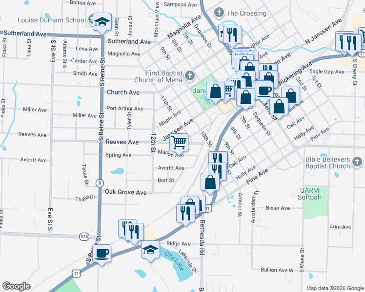 map of restaurants, bars, coffee shops, grocery stores, and more near 1108 Reeves Avenue in Mena