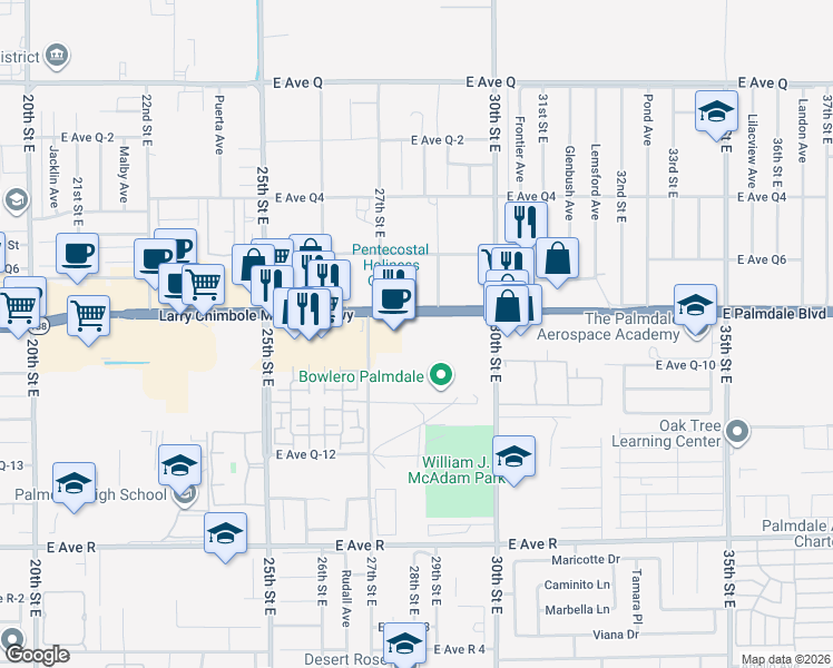 map of restaurants, bars, coffee shops, grocery stores, and more near 2728 East Palmdale Boulevard in Palmdale